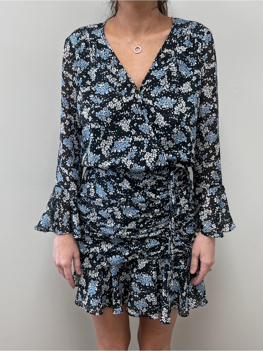 Veronica Beard Black, Blue & White Floral Wrap Dress with Ruched Silk Dress